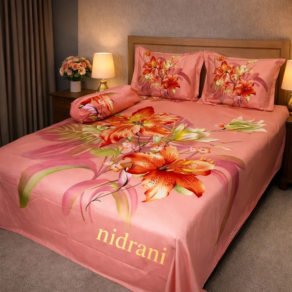 Nidra Peach Lily Floral Premium Bedsheet – Elegant Blossom Collection