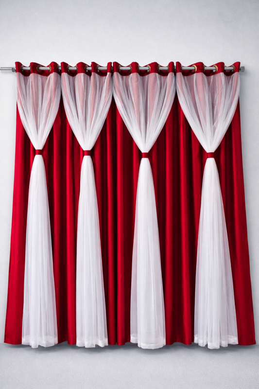 Elegant Red & White Sheer Layered Curtain Set