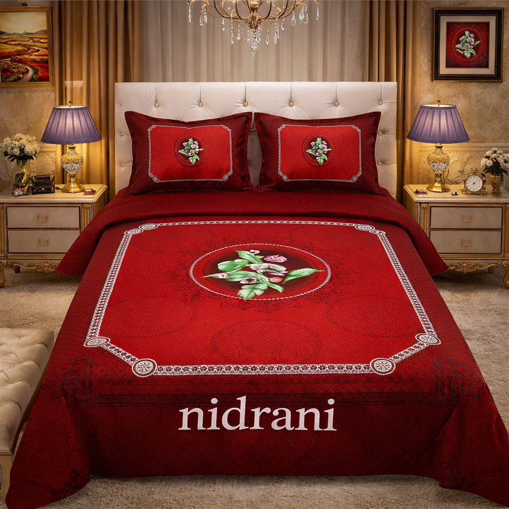 Nidrani Royal Red Floral Luxury Bed Sheet Set