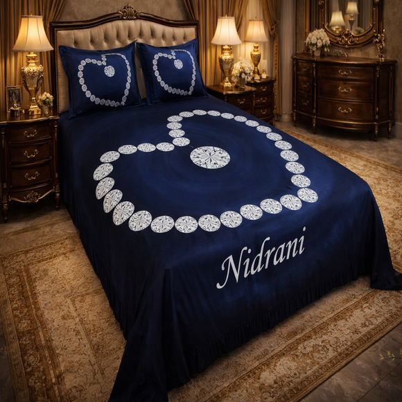 Nidrani Royal Blue Heart Design Bed Sheet Set | Premium Luxury Bedding