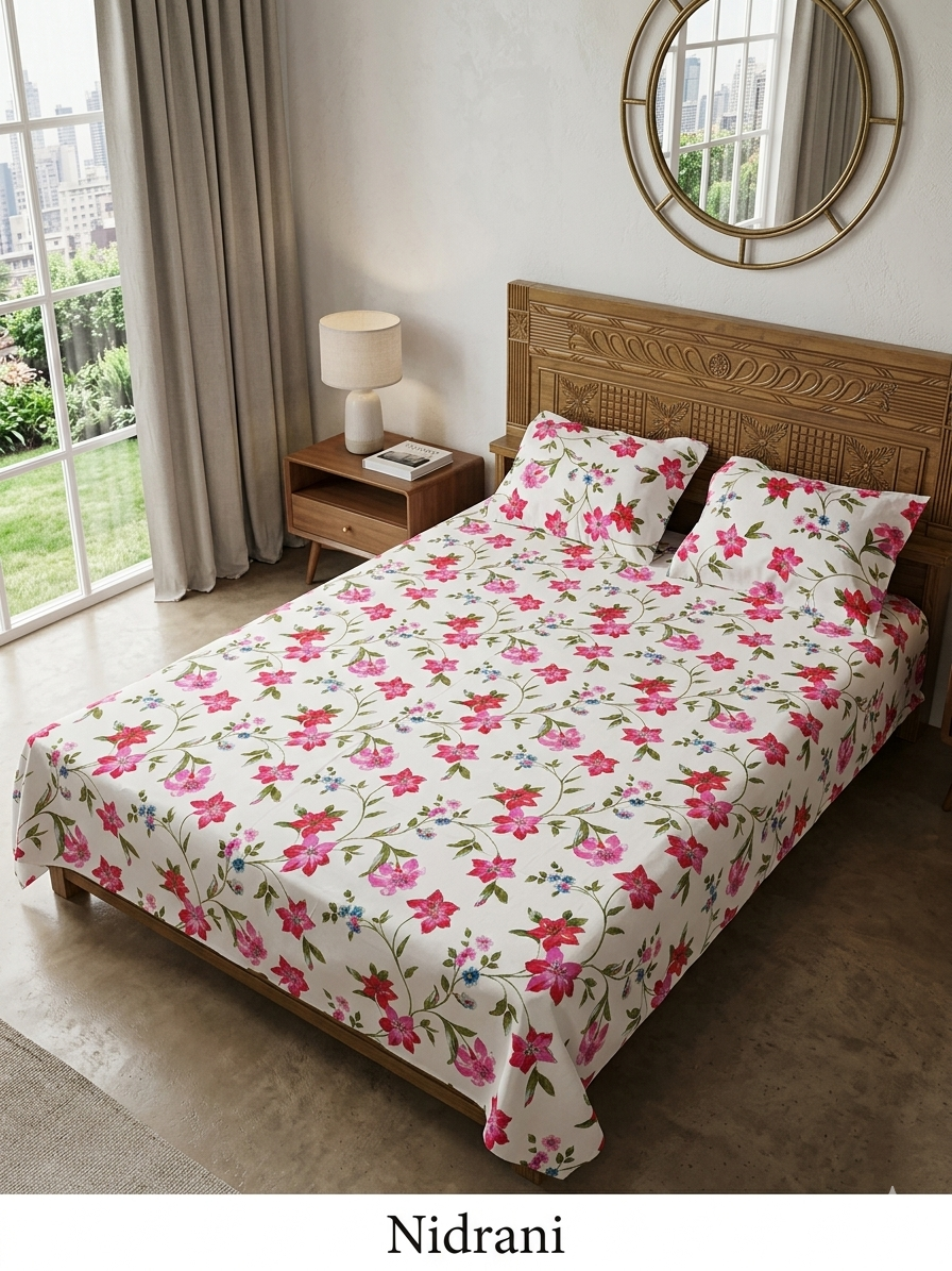 Nidrani Blossom Vine – White & Fuchsia Floral Bedsheet Set