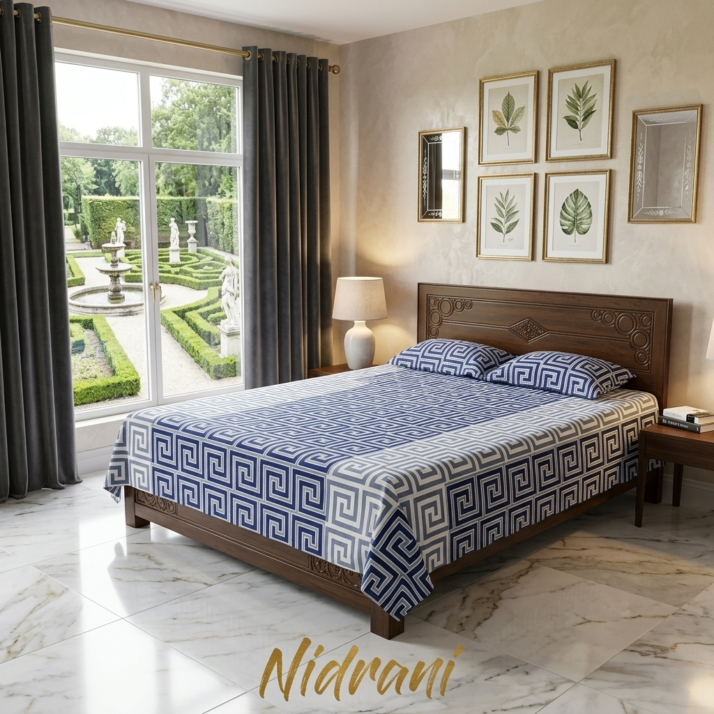 নিদ্রাণী গাঢ় নীল এবং সাদা গ্রীক মেজ কটন বেডশিট সেট