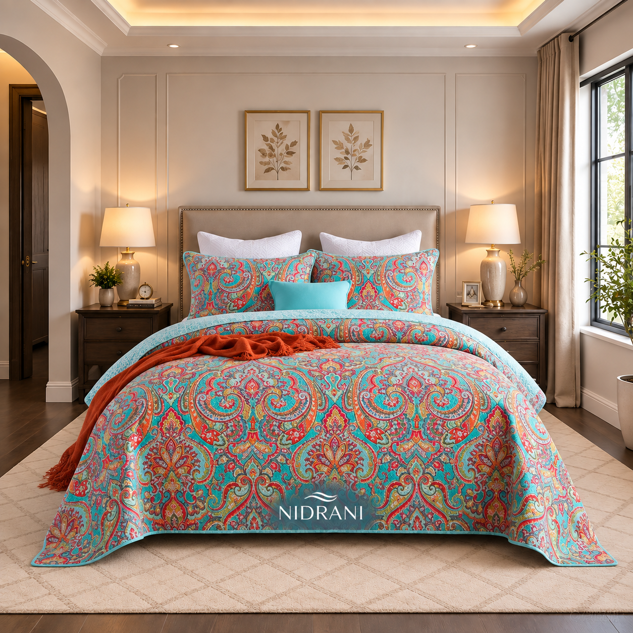 Nidrani Turquoise Signature Printed  King Size Bedcover Set