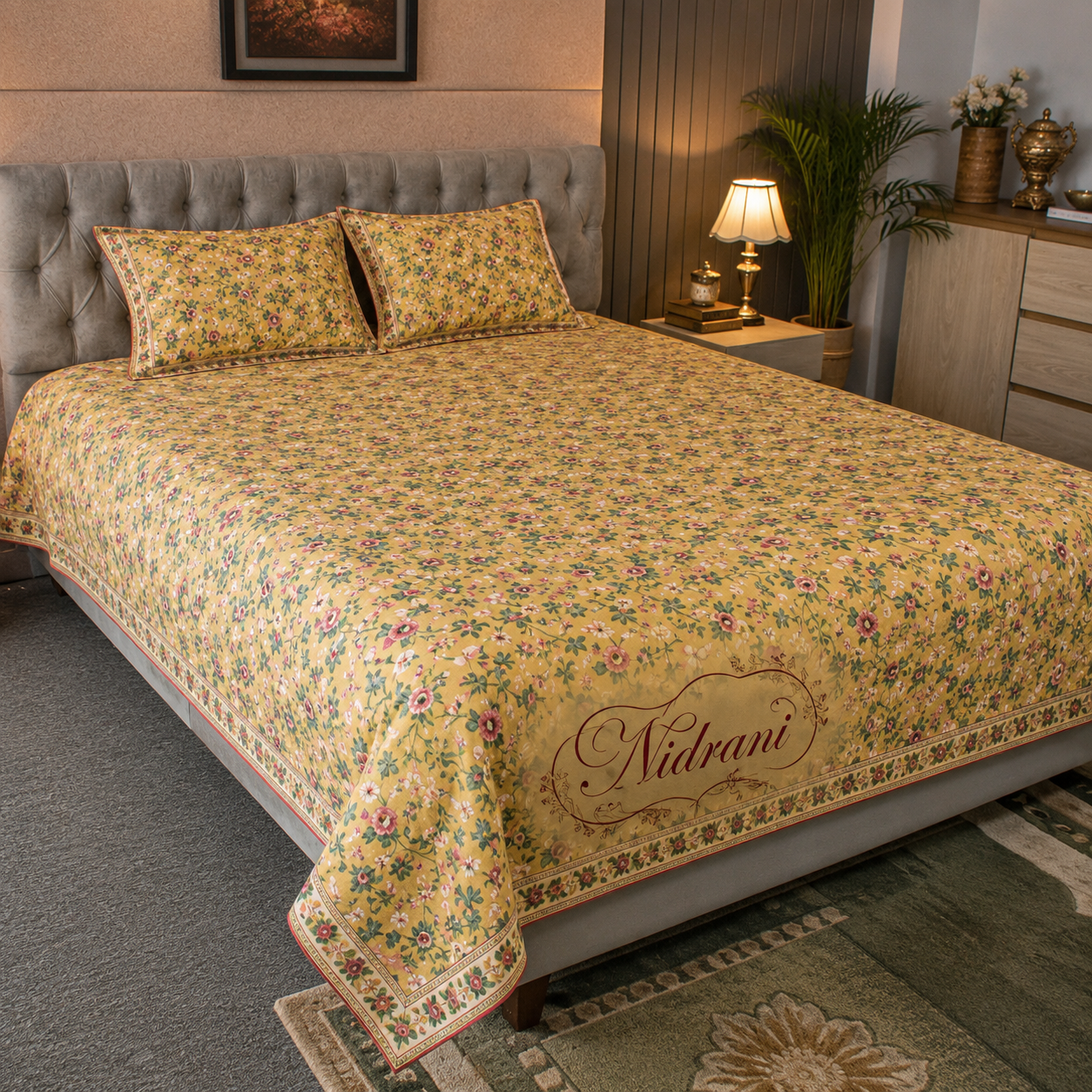 Nidrani Marivelle Royal Printed Bedsheet – Mustard Floral Pure Cotton Twill Bedsheet